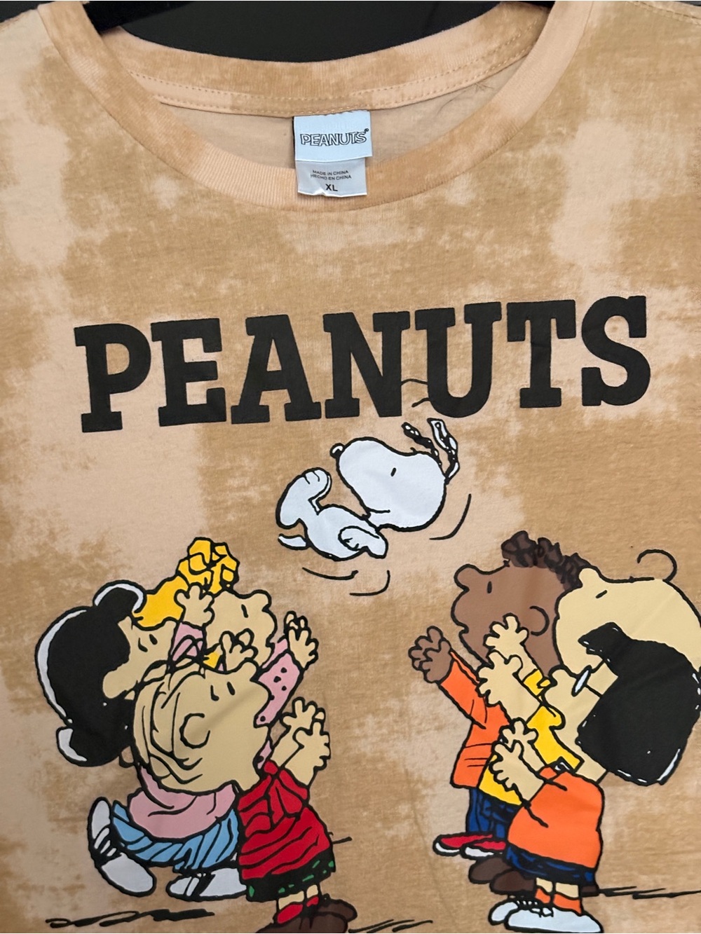 Peanuts Mens Tan Graphic Tee with Snoopy and Friends